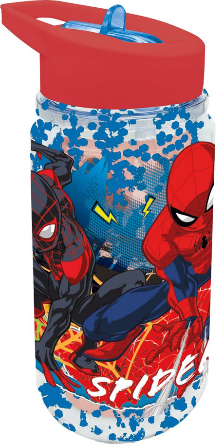 Stor Marvel's Spider-Man Tritan-Trinkflasche – 330 ml – mit Glitzereffekt – spülmaschinenfest, BPA-frei – Trinkflasche mit Strohhalm für Kinder – transparent blau rot