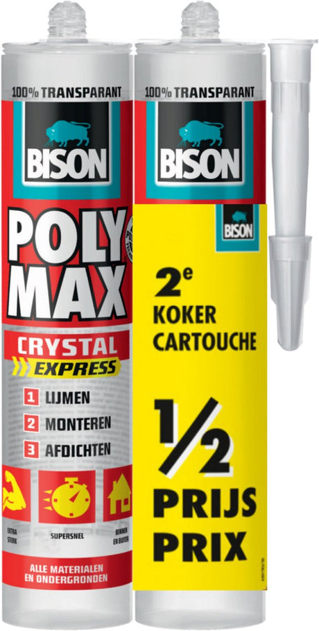 Bison Poly Max Crystal Express Tube 2x 300 Gramm – Duo-Verpackung, 2. Tube zum halben Preis, transparenter Montagekleber, Kleben, Montieren und Abdichten, einzigartige SMP-Technologie, lösungsmittelfrei, drinnen und draußen, fast alle Oberflächen