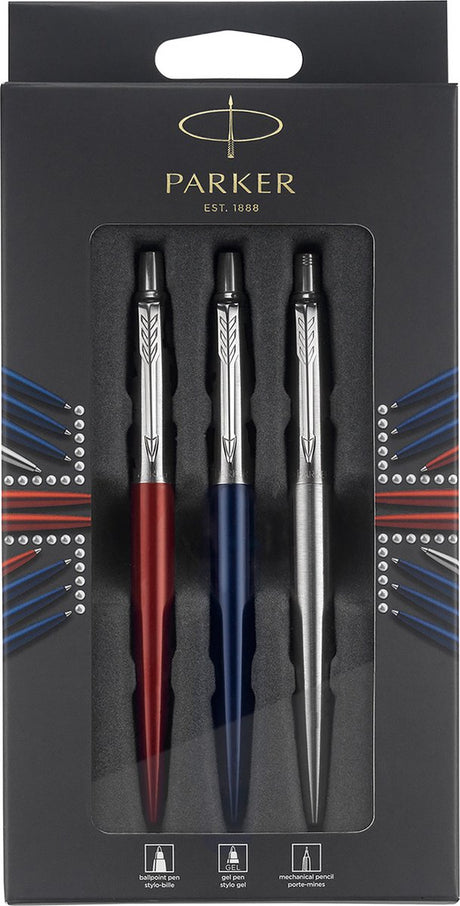 Parker Jotter London Trio Discovery Geschenkset mit Stiften und Bleistift: Kugelschreiber (königsblau), Gelstift (roter Kensington) und Druckbleistift (Edelstahl)