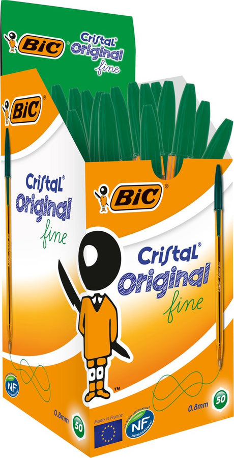 Bic Cristal Original dünne Kugelschreiber – grün – Schachtel mit 50 Stück – dünne Spitze 0,8 mm