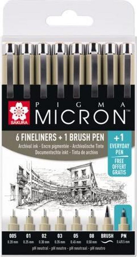 Sakura Pigma Micron Fineliner – Werbeset-Etui – 7 Fineliner in Schwarz und 1 Pigma Micron PN