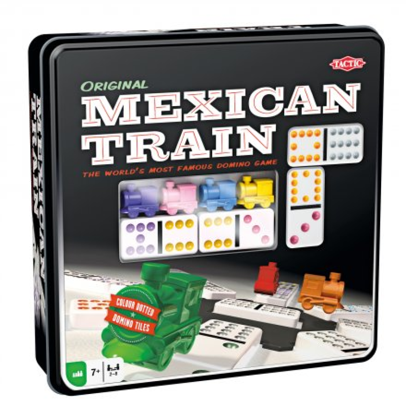 Tactic Domino Mexican Train – Brettspiel – Luxusdose – weltberühmtes Dominospiel mit farbigen Steinen – 2 bis 8 Spieler – ab 7 Jahren