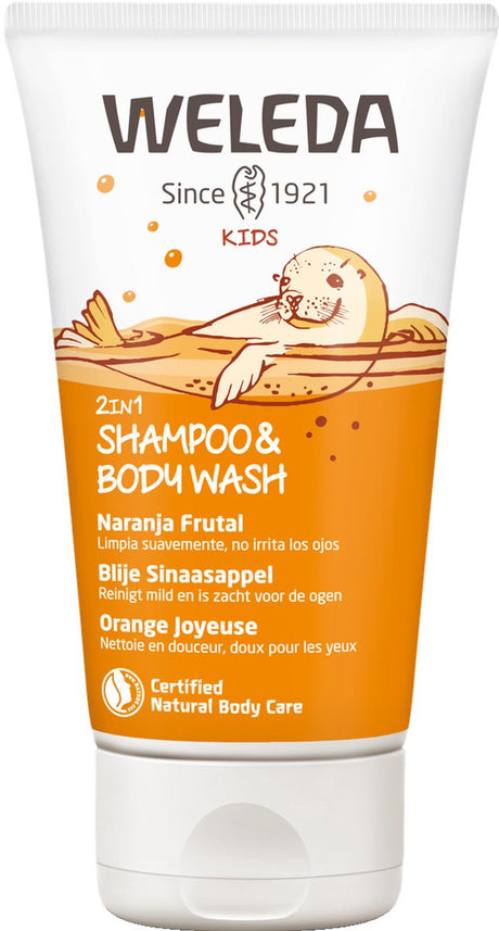Weleda Kids 2-in-1-Shampoo-Körperwäsche – Orange – reinigt sanft Haut und Haare – reinigt sanft die Augen – 100 % natürliche Inhaltsstoffe – 150 ml