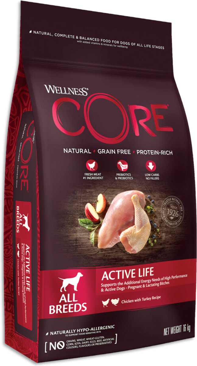 Wellness core hondenvoer all breeds active life kalkoen kip 10 kg
