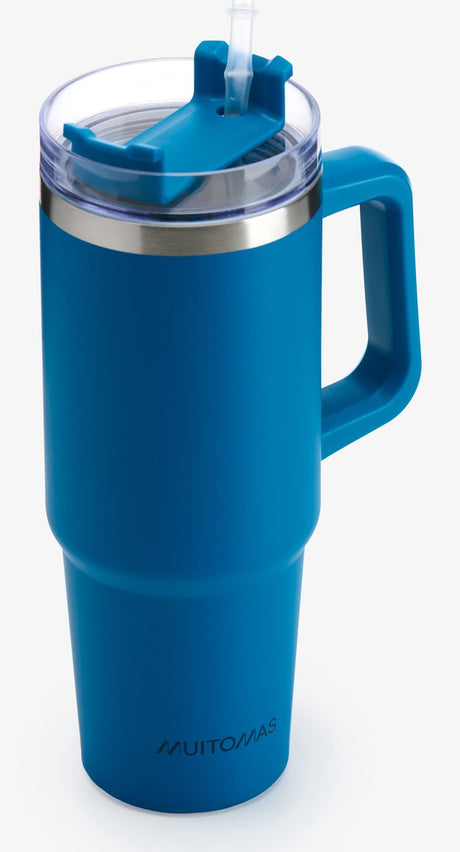 Muitomas Reisebecher – Reisebecher – doppelt isolierte Wand – praktischer Strohhalmgriff – 900 ml – blau