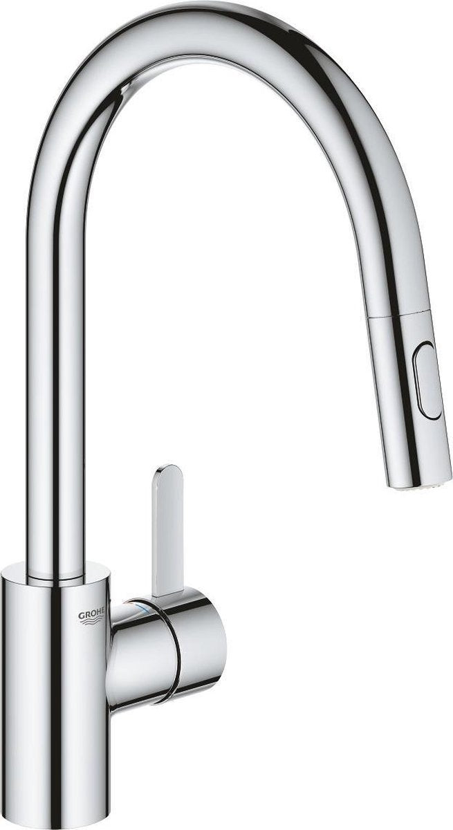 Grohe Eurosmart Cosmopolitan Küchenarmatur – hoher Auslauf – 360° Schwenkbereich – mit ausziehbarer Handbrause und 2 Strahlarten – Chrom