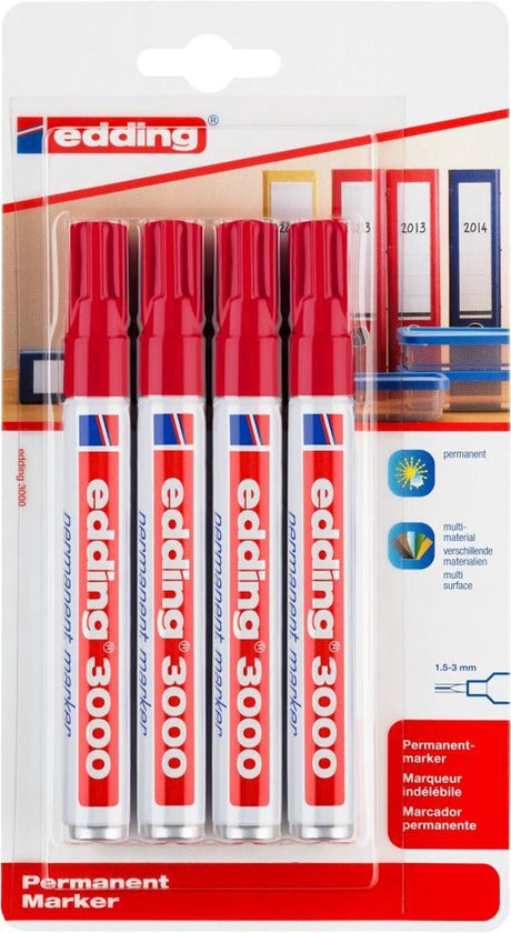 Edding 3000 Permanentmarker - Rot - 4 Marker - Rundspitze 1,5-3 mm - Wasser- und abriebfest - für Pappe, Kunststoff, Holz, Metall usw. - Alkoholmarker für Erwachsene