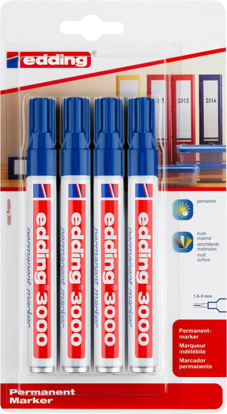 Edding 3000 Permanentmarker - Blau - 4 Marker - Rundspitze 1,5-3 mm - Wasser- und abriebfest - für Pappe, Kunststoff, Holz, Metall usw. - Alkoholmarker für Erwachsene
