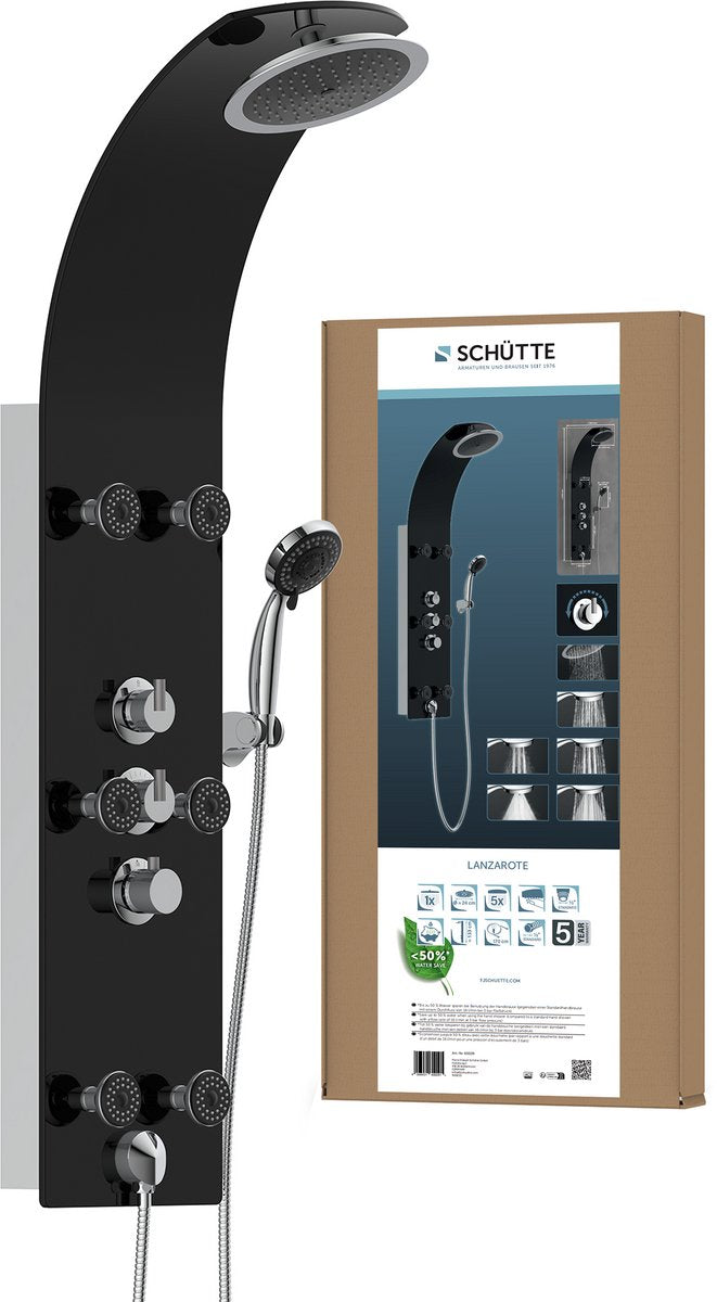 Schütte Lanzarote Duschpaneel – mit Thermostat-Duscharmatur – 6 Massagedüsen – Glas – Schwarz