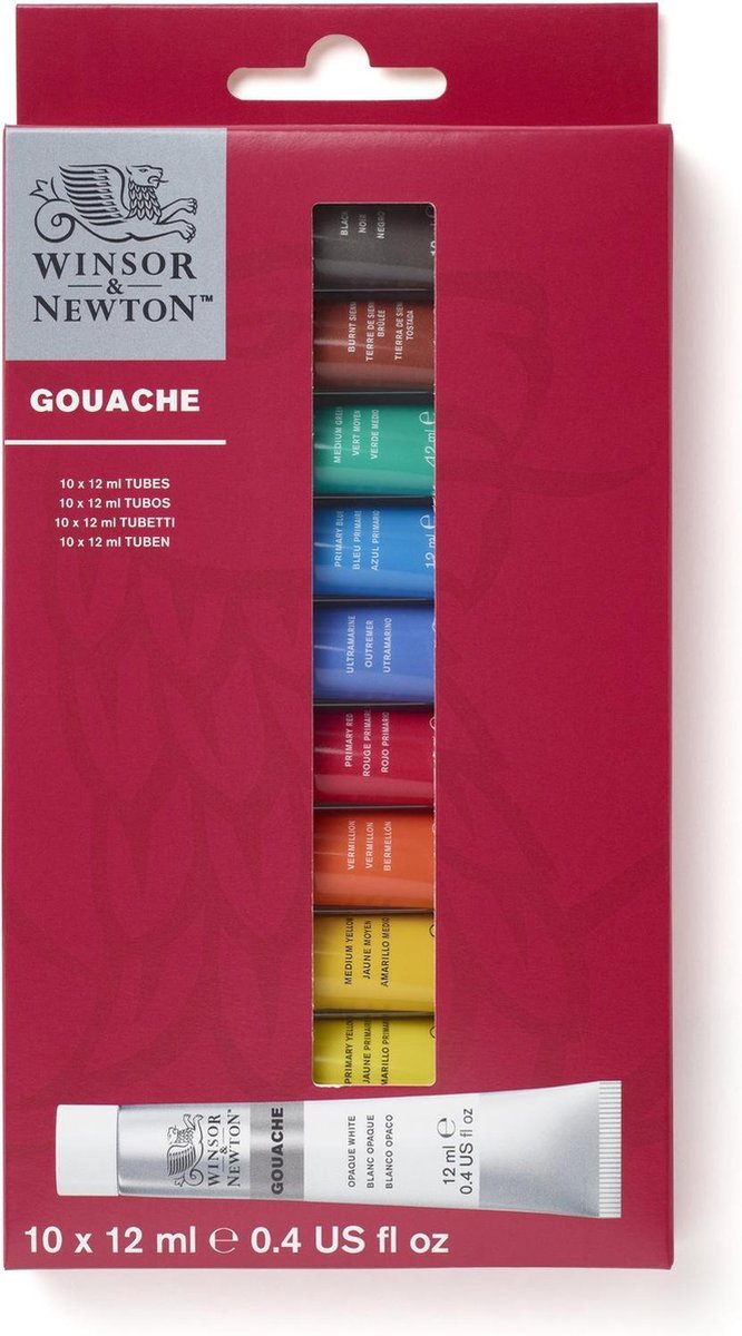Winsor Newton 0890001 Gouache-Set – 10 x 12 ml – deckende, lichtechte, mischbare Temperafarbe, matt – Starter-Set