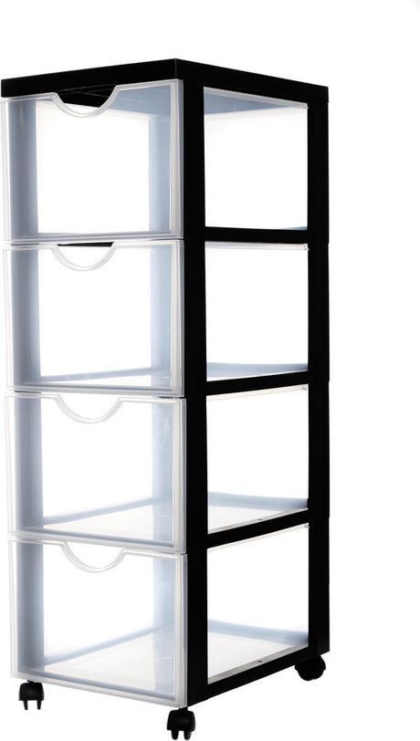 Iris easygrip chest ladekast - 4 lades x 15l - kunststof -zwart transparant - met wieltjes