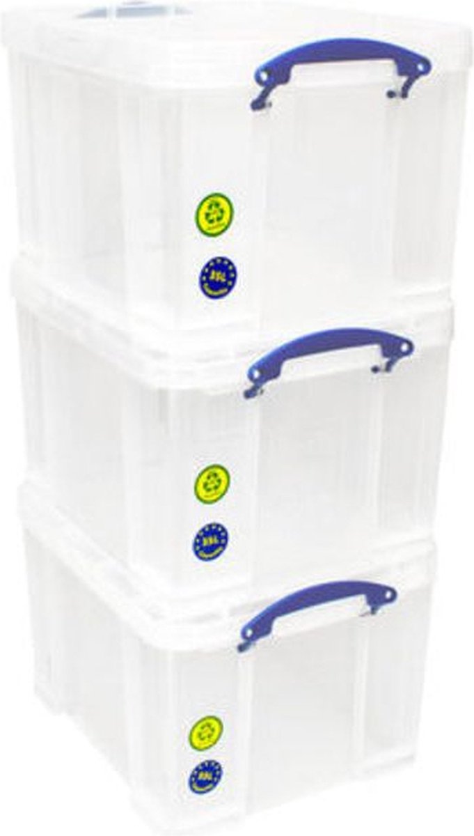 Wirklich nützliche Aufbewahrungsbox, 35 Liter, Packung mit 3 Boxen, 480 x 390 x 310 mm, transparent.