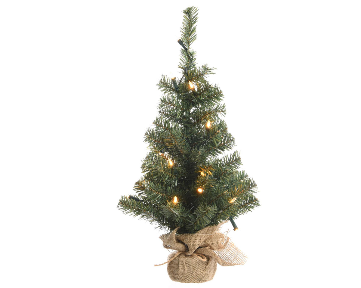 Everlands künstlicher Mini-Weihnachtsbaum mit 50 LEDs im Jutebeutel, 90 cm, mit warmem Weiß. Betrieb mit 3 x AA-Batterien und Innentimer