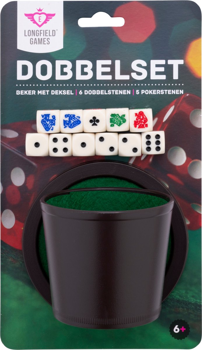 Longfield Pokerbecher mit Deckel – inklusive 2 Würfelsets (16 mm) – Würfelset – klassisches Würfelspiel, Familienspiel – Engelsherz