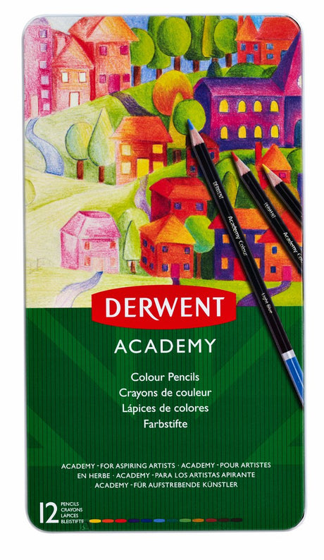 Derwent Academy Buntstifte in einer Dose – verschiedene Farben – Set mit 12 Buntstiften