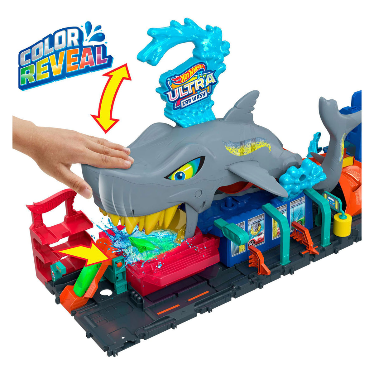 Hot Wheels City Shark Attack in the Car Wash – mit Spielzeugauto mit Farbüberraschung