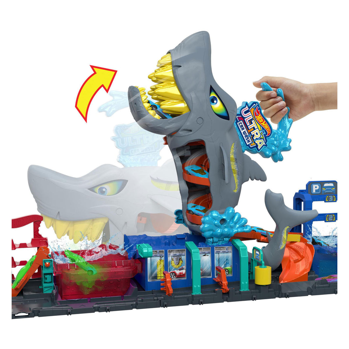 Hot Wheels City Shark Attack in the Car Wash – mit Spielzeugauto mit Farbüberraschung