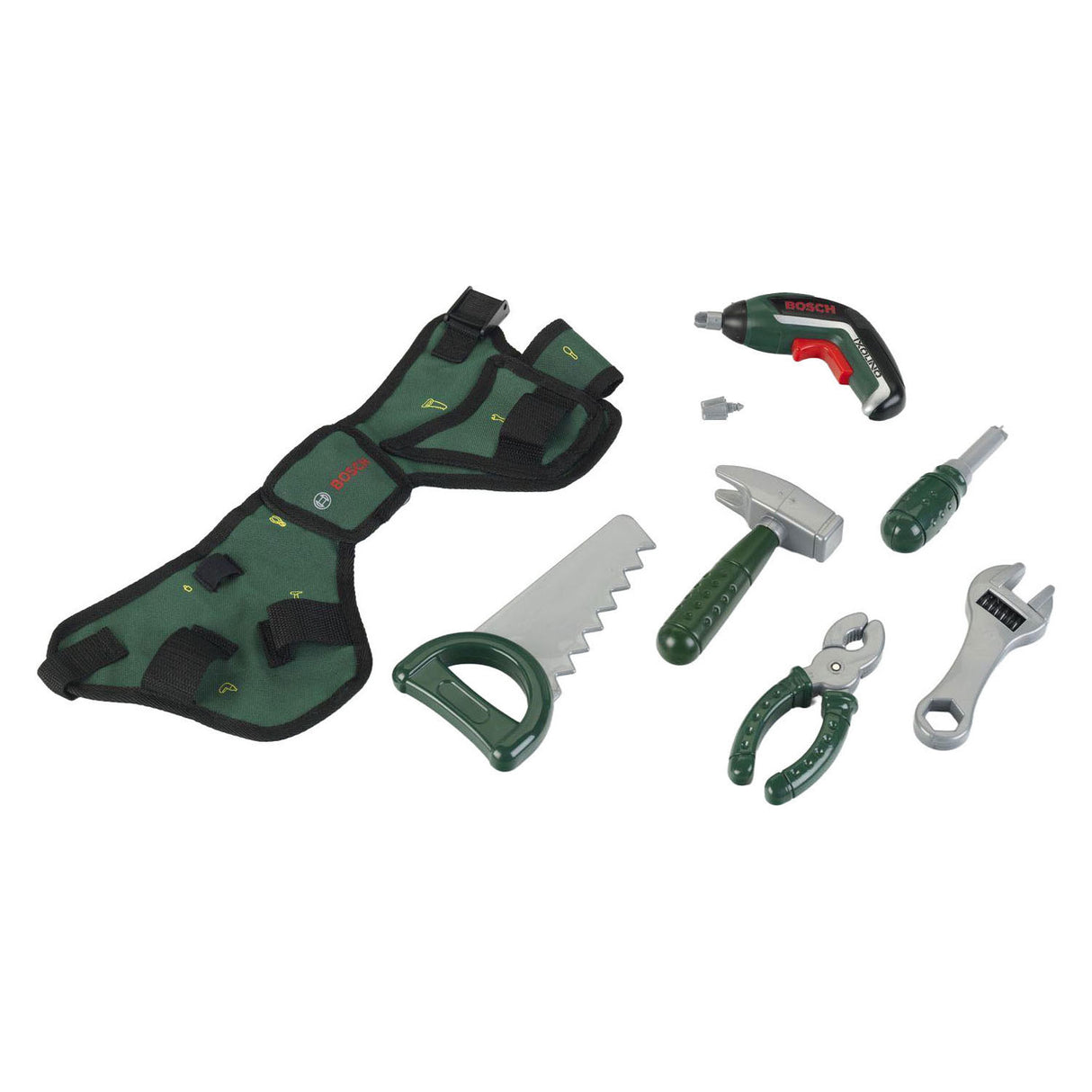 Klein Toys Bosch Mini-Werkzeuggürtel-Set – Akkuschrauber, Hammer, Zange, Säge, Schraubenschlüssel, Schraubendreher – inkl. Licht- und Soundeffekte - grün rot