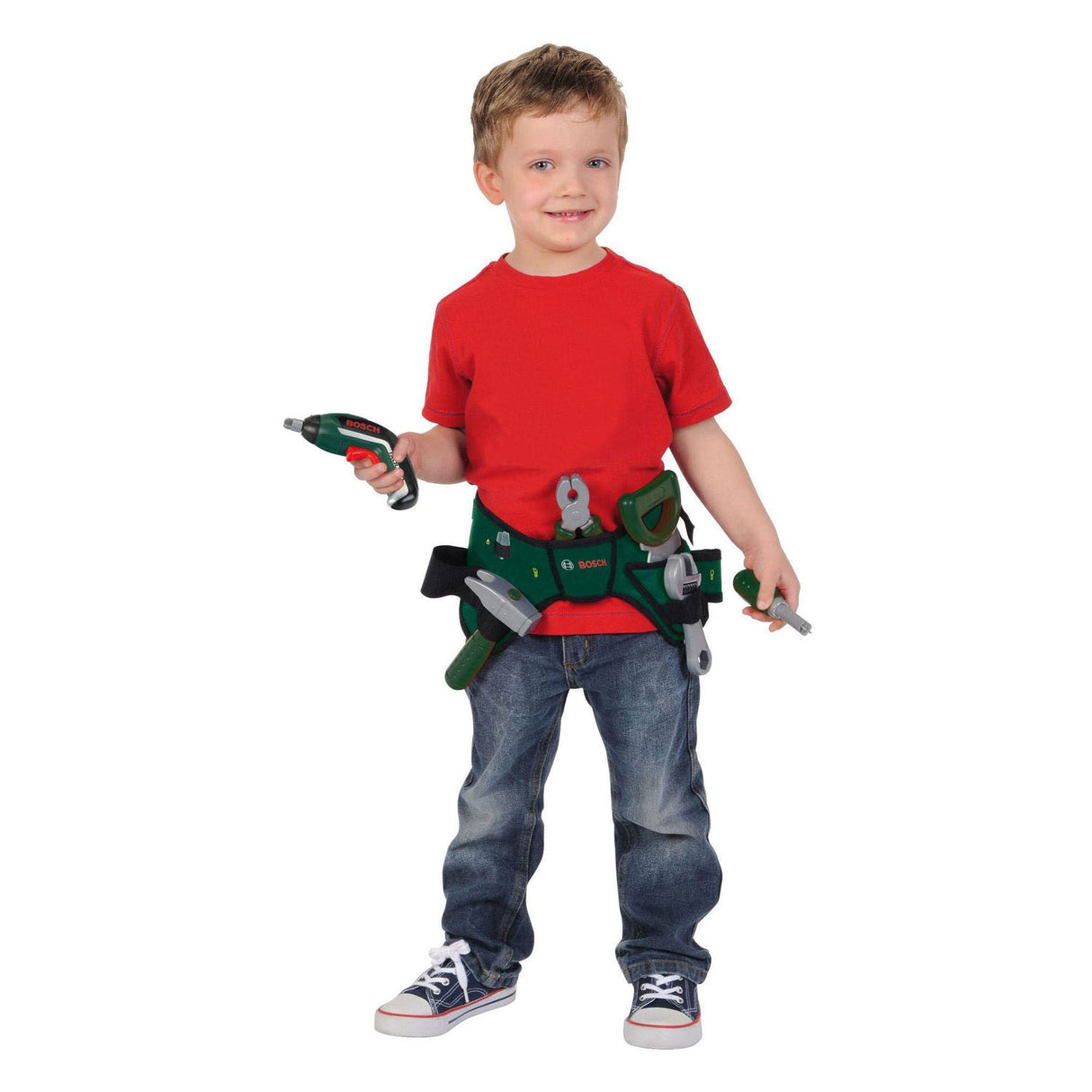 Klein Toys Bosch Mini-Werkzeuggürtel-Set – Akkuschrauber, Hammer, Zange, Säge, Schraubenschlüssel, Schraubendreher – inkl. Licht- und Soundeffekte - grün rot