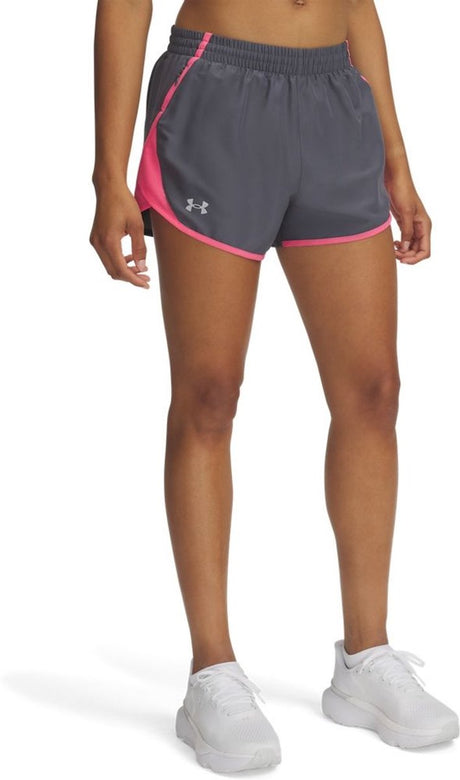 Under Armour ua Fly by 3'' Shorts – graue Damen-Sporthose – Castlerock – Super Pink – reflektierend