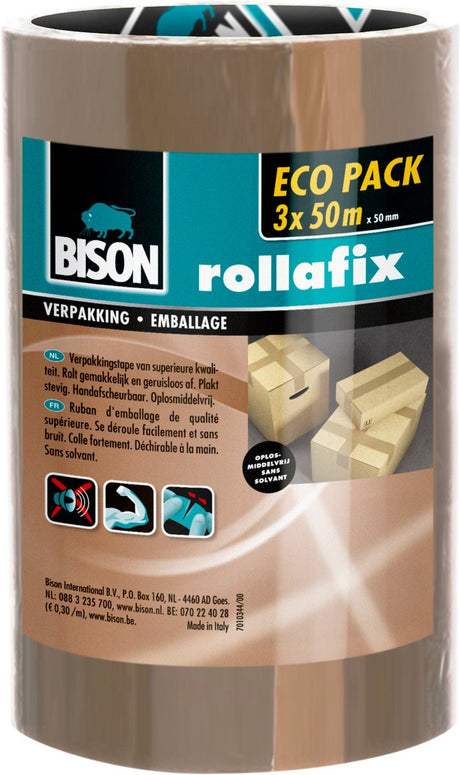 Bison 3 Rollen Rollafix Verpackungsband braun Vorteilspack 50 Meter x 5 cm, von Hand abreißbar, starkes Verpackungsband