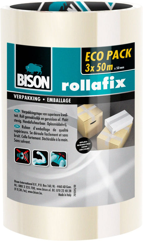 Bison 3 Rollen Rollafix Verpackungsband transparent Vorteilspack 50 Meter x 5 cm, von Hand abreißbar, starkes Verpackungsband