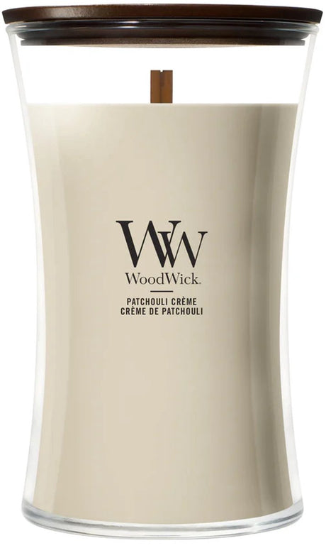 Große Sanduhr-Duftkerze von Woodwick – Patschuli-Creme – 130 Brennstunden