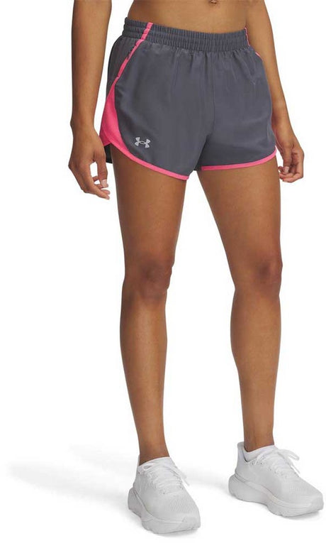 Under Armour ua Fly by 3'' Shorts – graue Damen-Sporthose – Castlerock – Super Pink – reflektierend