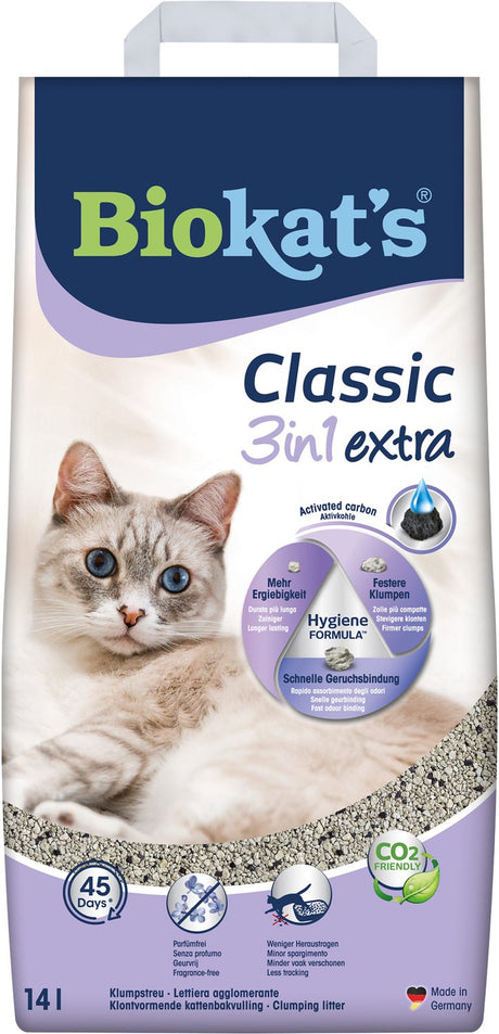 Biokat's Classic 3in1 Extra – 14 l – Katzenstreu – klumpend – parfümfrei – Aktivkohle