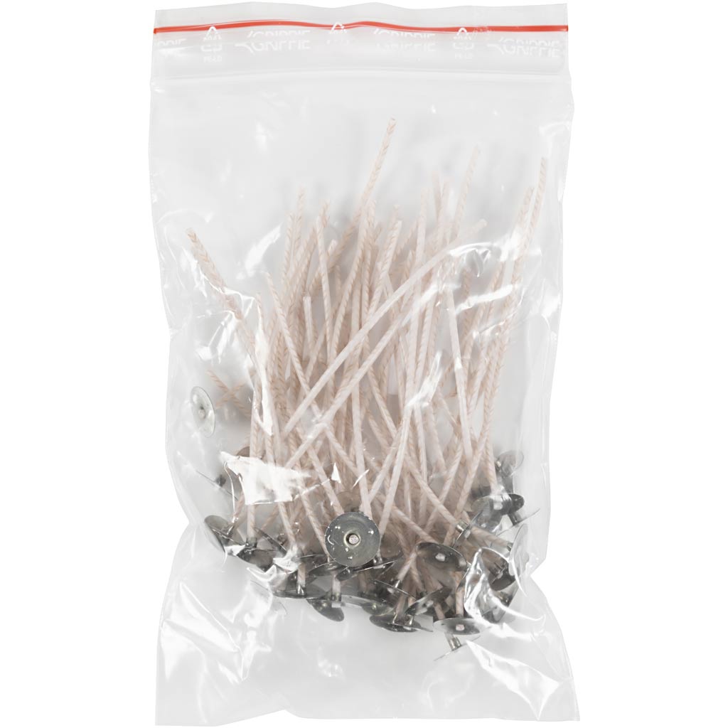 Dochte für Kerzen im Halter, passend für Halter mit einem Durchmesser von 20-65 mm, L: 10 cm, Dicke 2 mm, 50 Stück 1 Box