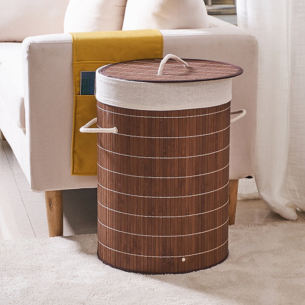Homestyle Pro runder faltbarer Bambus-Wäschekorb 35x50 cm braun weiß