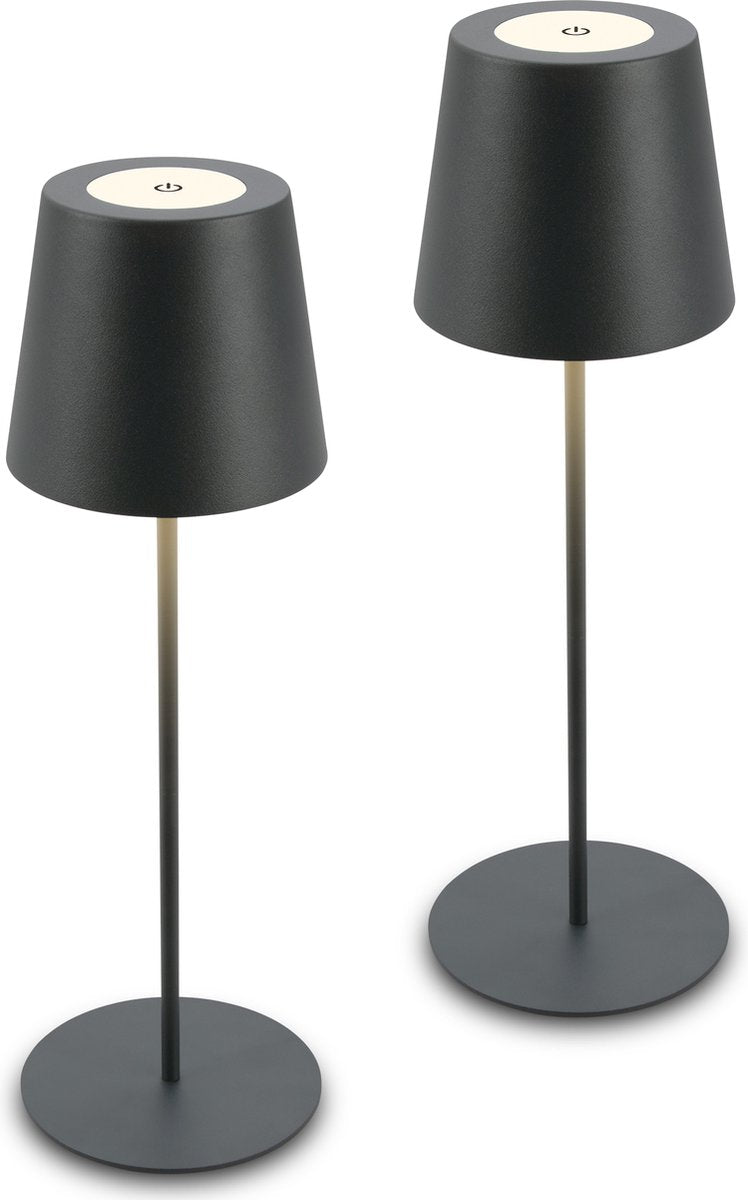 B.k.licht – 2er-Set Tischlampen – wiederaufladbare Außenlampen – IP44 – warmweißes Licht 2.700 K – dimmbar – mit USB – Anthrazit – 12 x 36 cm