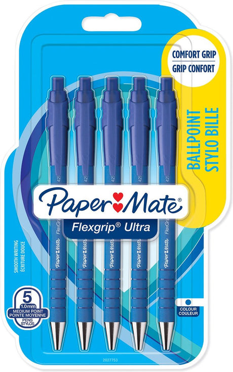 Paper Mate Flexgrip Ultra Kugelschreiber mit Druckknopf | mittlere Spitze (1,0 mm) | blaue Tinte | 5 Stück