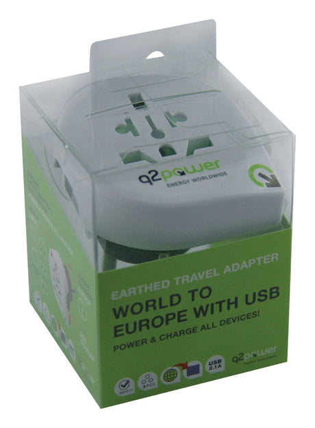Q2 Power 1.100110 Reiseadapter Welt-zu-Europa USB geerdet
