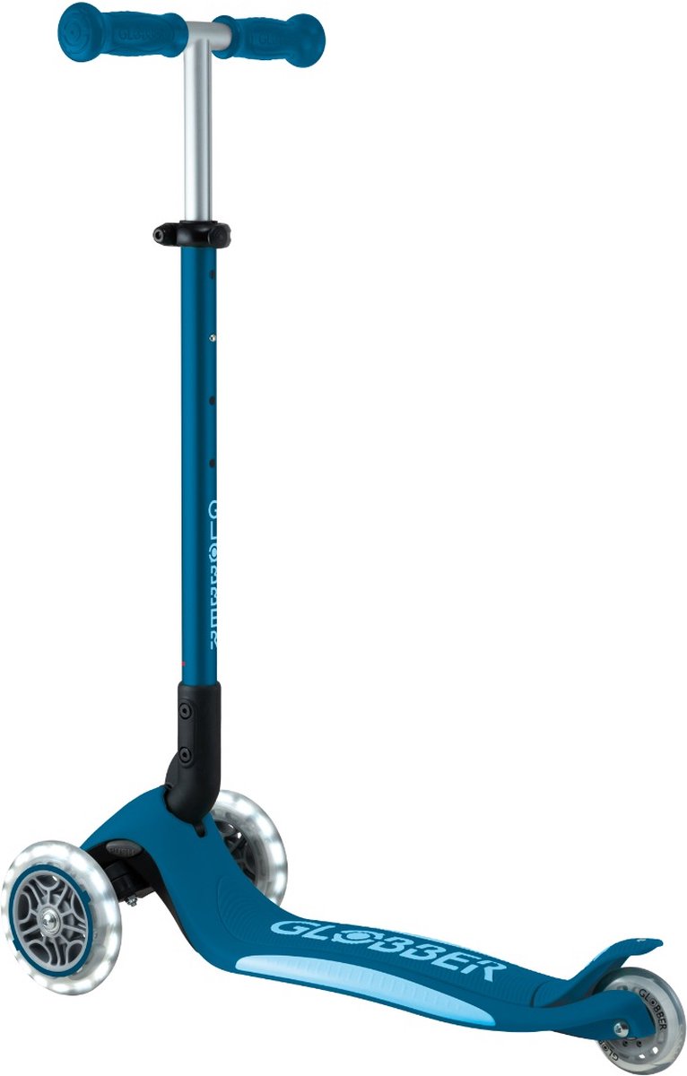 Globber 3-Rad-Roller – Primo faltbar plus Lichter Petrolblau – Blau – leuchtende Räder – faltbar – höhenverstellbar – von 3 bis 9 Jahren