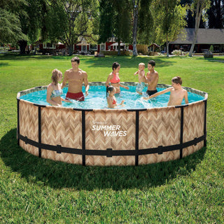 Summer Waves Rahmenpool rund – ⌀427 x 107 cm – Schwimmbecken – hellbraun – inklusive Filterpumpe – Poolpumpe – Filterkartusche – Abdeckung – Bodentuch – Leiter – Wartungsset