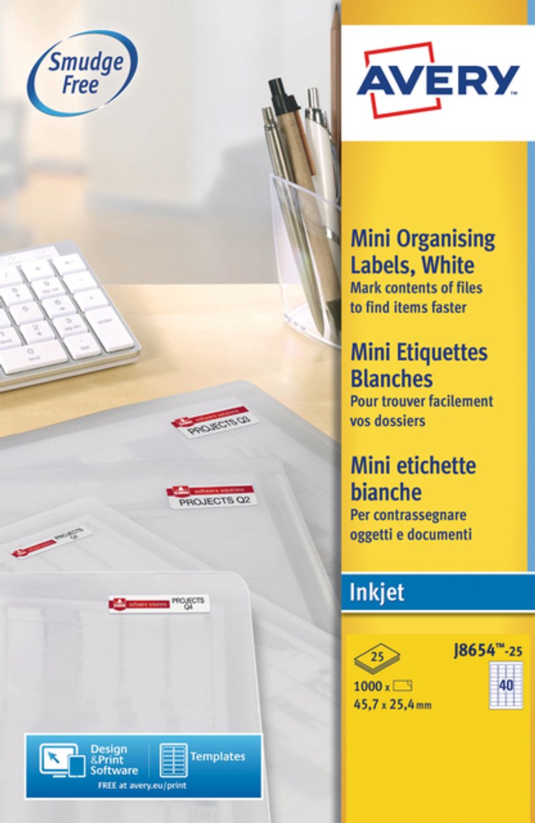 Avery Inkjet-Etikett 45 – 7 x 25 – 4 mm, weiß, 25 Blatt, 40 Etiketten pro Blatt