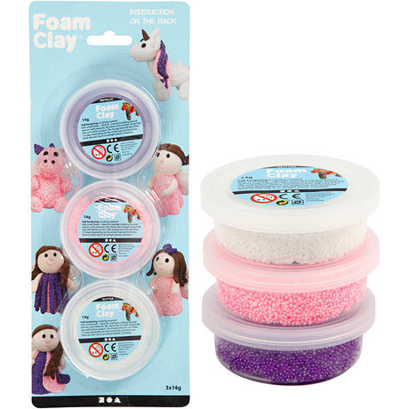 Foam Clay ®, Glitzer, Metallic, Rosa, Lila, Weiß, 3x14 gr 1 Box