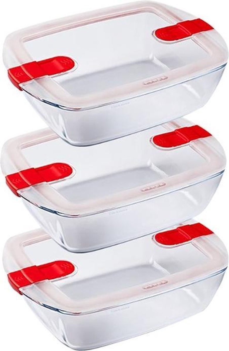 Pyrex – Kochwärmeschüssel 1,1 Liter, rechteckig, 3er-Set – transparentes Rot