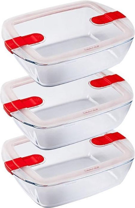 Pyrex – Kochwärmeschüssel 1,1 Liter, rechteckig, 3er-Set – transparentes Rot