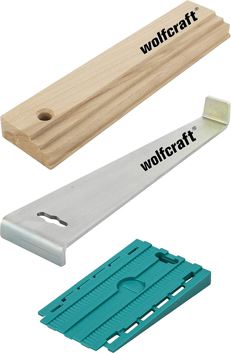 Wolfcraft - Laminat-Verlegeset - Komplettset Laminat verlegen - Laminat PVC - Zugstange - Watteholz - Stellkeile - 6975000