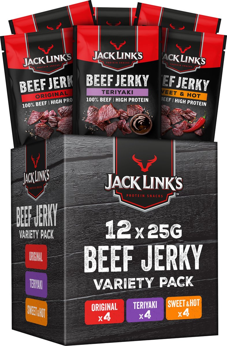 Jack Links Jack Links Beef Jerky Mix Box – 100 % Premium-Rindfleisch – hoher Proteingehalt – Rindfleisch-Snack – für zwischendurch, unterwegs oder im Fitnessstudio – 12 x 25 g