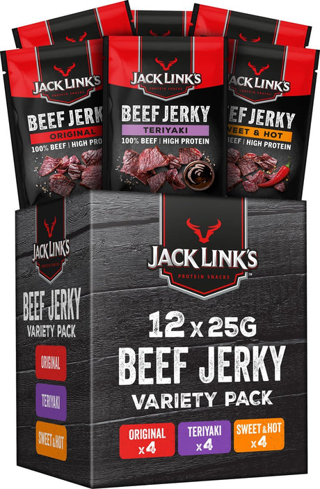 Jack Links Jack Links Beef Jerky Mix Box – 100 % Premium-Rindfleisch – hoher Proteingehalt – Rindfleisch-Snack – für zwischendurch, unterwegs oder im Fitnessstudio – 12 x 25 g