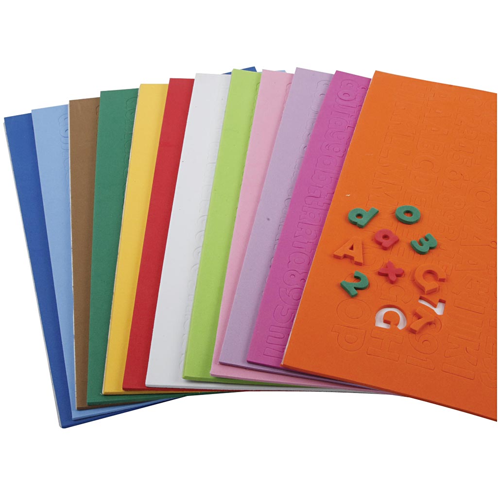 Creativ Company Eva-Schaum Zahlen Buchstaben, H: 20 mm, Dicke 3 mm, verschiedene Farben, 24 Div-Blätter, 1 Box