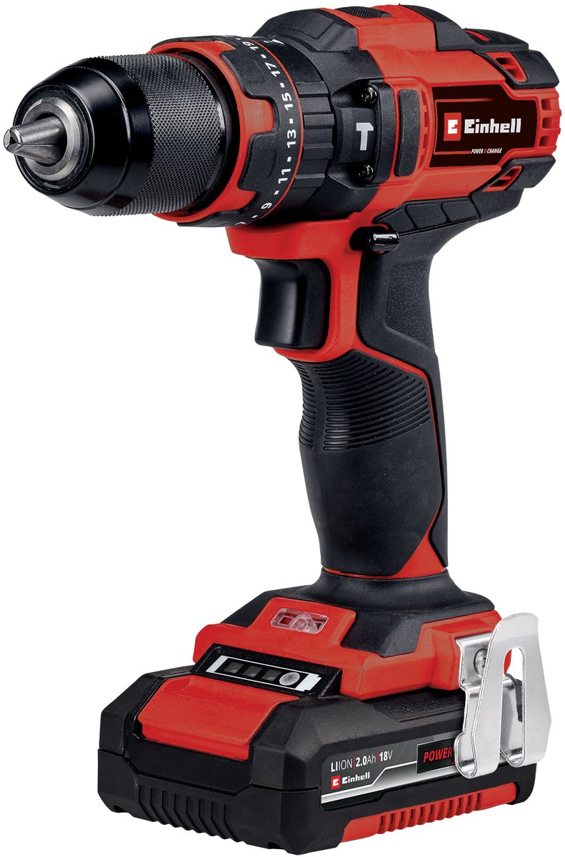 Einhell Akku-Schlagbohrschrauber TE-CD 18 40 Li-i +64 Kit – Power X-Change – 18 V Li-Ion – mit Schlagfunktion – 40 Nm – 2 Geschwindigkeiten – max. 24.000 Hübe min. - inkl. 1x 2,0 Ah Akku, Ladegerätzubehör