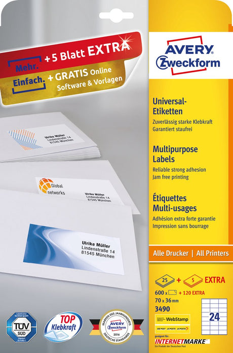 Avery universele etiketten, wit, 70,0 x 36,0 mm, permanent klevend