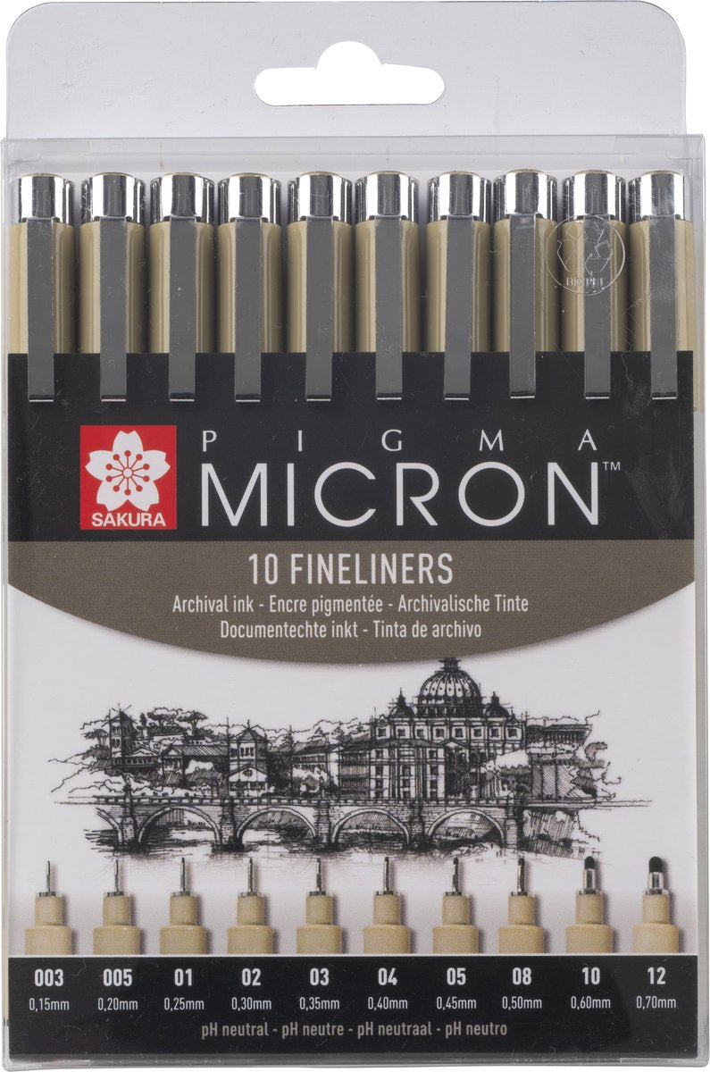 Sakura Pigma Micron Fineliner Federmäppchen – 10 Fineliner – Schwarz