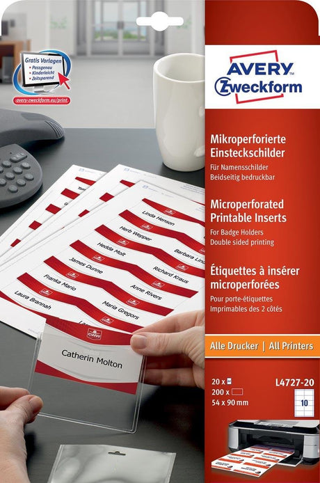 Avery-Einsteckkarte für Ausweise, 54 x 90 mm, 190 g/m², 20 Blatt, 10 Etiketten pro Blatt, weiß