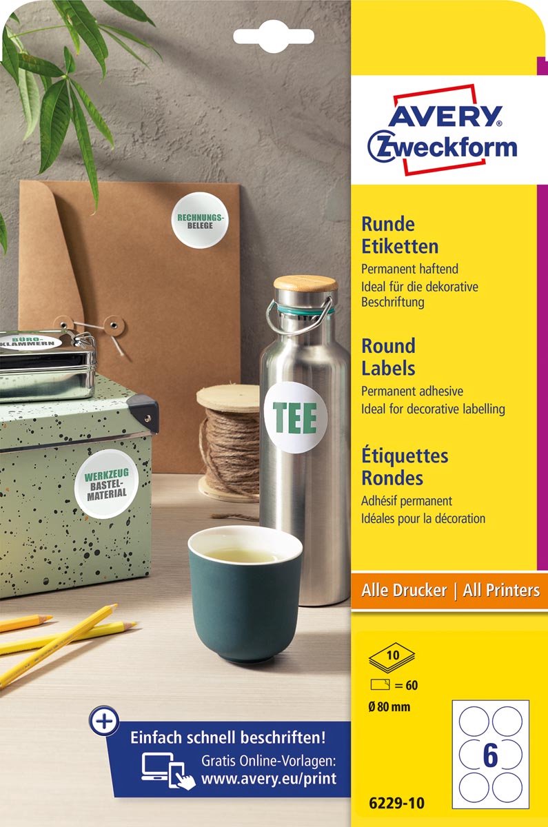 Avery Zweckform runde Etiketten, Durchmesser 80 mm, weiß, permanent klebend, 60 Etiketten, 10 Blatt, 50 Stück