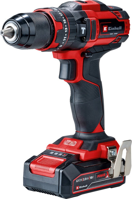 Einhell Akku-Schlagbohrschrauber TE-CD 18 44 Li-I Kit – Power X-Change – 18 V Li-Ion – mit Schlagfunktion – 2 Geschwindigkeiten – 44 Nm – inkl. Akku 1x 2,5 Ah Akku und Ladegerät